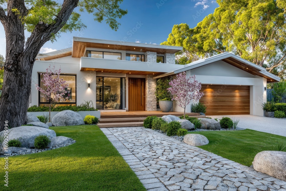 Naklejka premium a modern home in perth with a large front yard and grey accents, a white gate, green grass, and a blue sky
