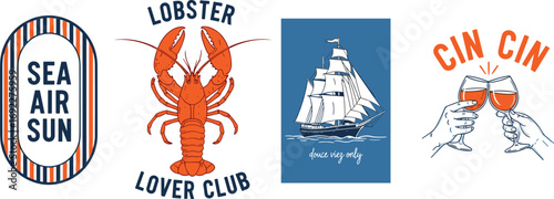 Nautical illustration set with lobster, sailing ship, wine glasses Cin Cin, summer typography Sea Air Sun retro design