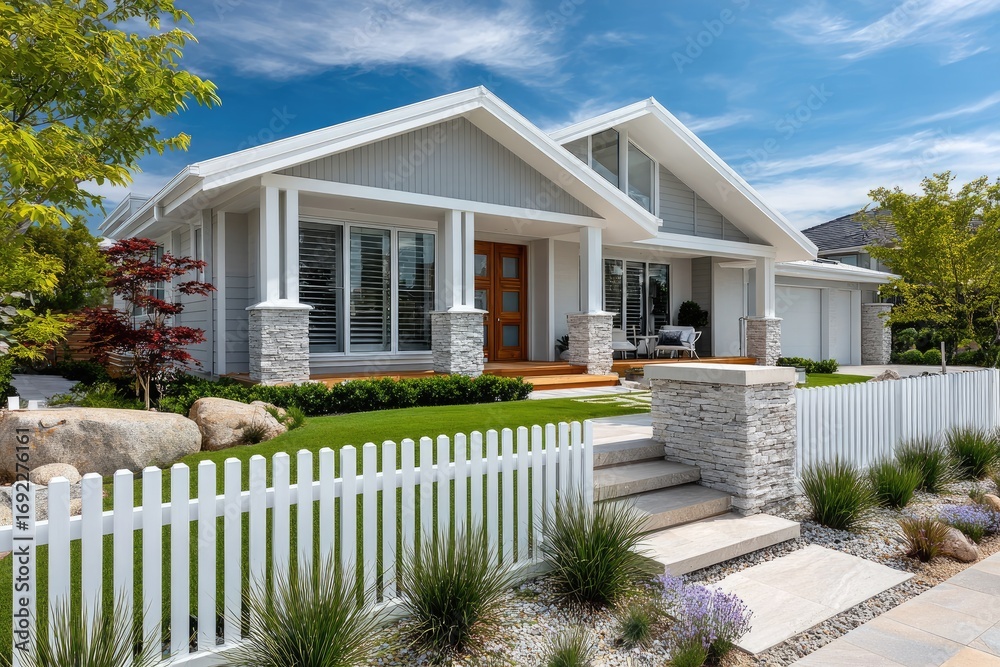 Naklejka premium a modern home in perth with a large front yard and grey accents, a white gate, green grass, and a blue sky