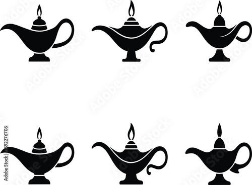 Silhouettes of genie lamps with flames, magical vector icons set, folklore illustration, black lamp shapes, storytelling design elements, mystic concept