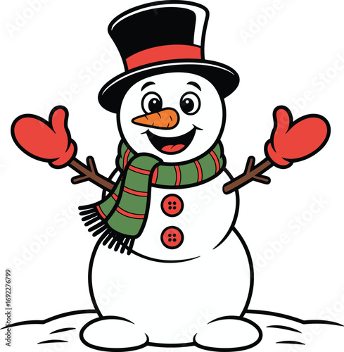 Cute cartoon snowman character with red mittens, green scarf, top hat, standing in snow, festive winter Christmas vector illustration.