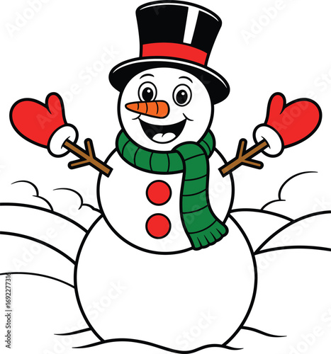 Cute cartoon snowman in top hat, green scarf, and red mittens standing in snow, Christmas winter holiday festive illustration.