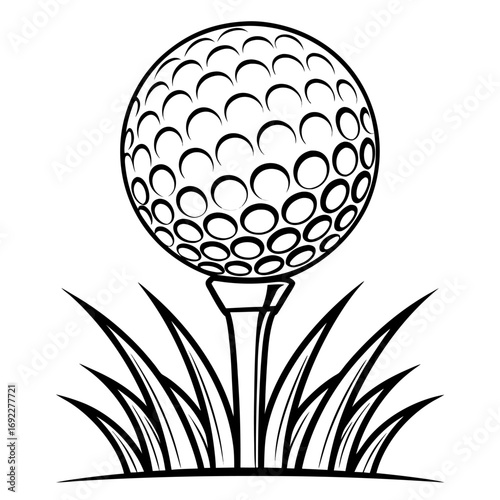 Golf ball on tee surrounded by grass black and white