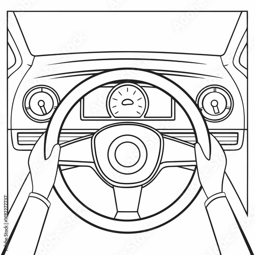 Line art inside car driving interior with dashboard and wheel