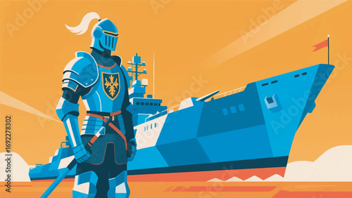 illustration of a knight standing tall beside a warship vector design template