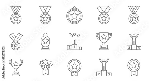 Vector Icons Set of A collection of simple line art icons representing awards trophies and medals for winners. EPS Editable