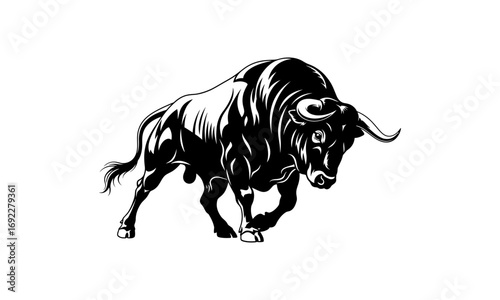 Illustration of a powerful black bull with sharp horns charging forward on a white background in a dynamic pose