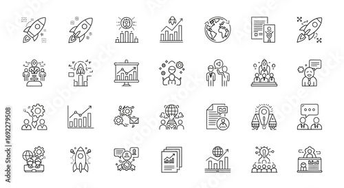 Vector Icons Set of Business Startup Growth and Strategy Thin Line Icon Set. EPS Editable