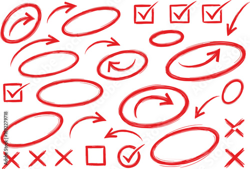 Red marker hand drawn arrows, circles, check marks, cross symbols, sketch highlight elements for notes, presentation, correction and design