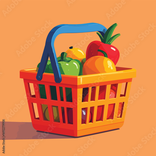 Colorful Plastic Shopping Basket with Fresh Produce.
