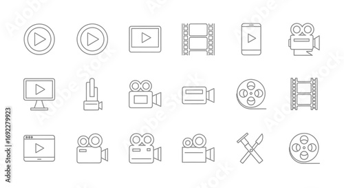 Vector Icons Set of Continuous one line drawing set of video and cinema icons Film production and movie making symbols collection. EPS Editable