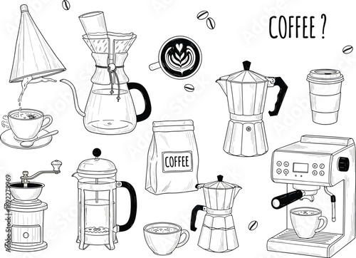 Hand drawn coffee illustration set with espresso machine, moka pot, grinder, French press, beans, latte art, cups, brewing tools