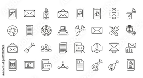 Vector Icons Set of Digital Communication and Email Technology Thin Line Icon Set. EPS Editable