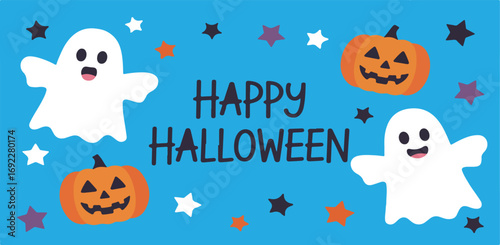 Happy halloween illustration with ghosts and pumpkins on blue
