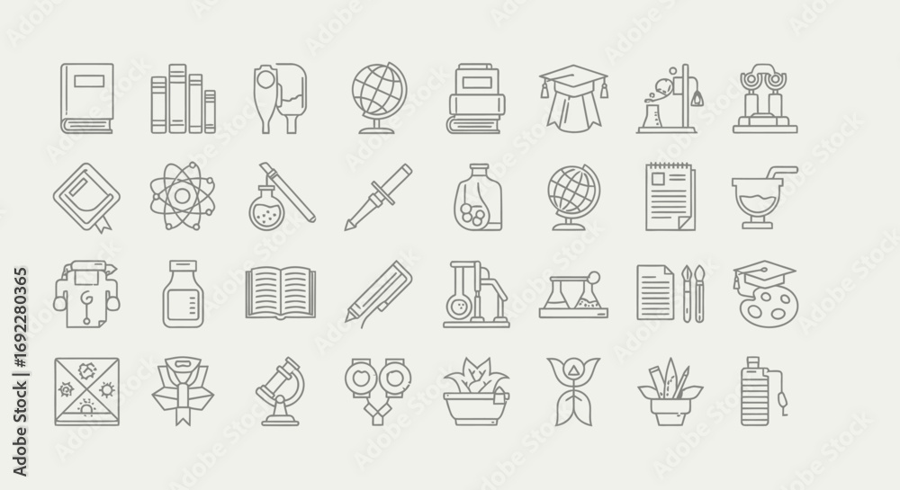 Obraz premium Vector Icons Set of Education and Science Themed Outline Icon Set for Learning. EPS Editable