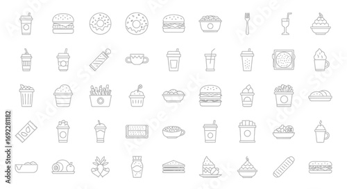 Vector Icons Set of Hand Drawn Fast Food Icons Doodle Collection Set on White Background. EPS Editable