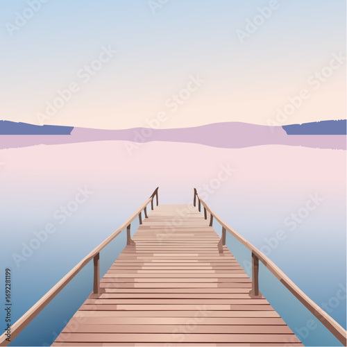 Wooden Pier On Calm Lake At Sunrise