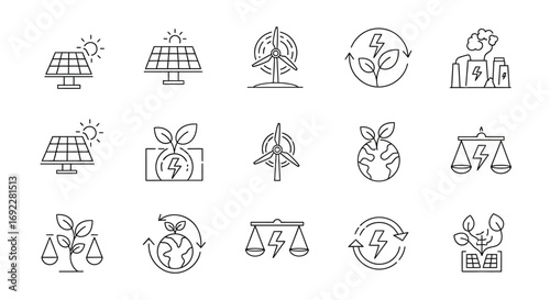 Vector Icons Set of Hand drawn renewable energy and sustainability icons set. EPS Editable