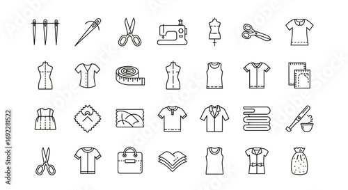 Vector Icons Set of Hand drawn sewing and tailoring line art icon set for fashion design. EPS Editable