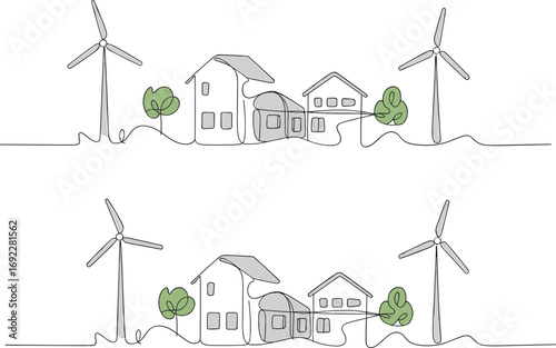 Eco village with wind turbines, modern houses, clean energy, green environment, line art landscape, minimal style, renewable power illustration