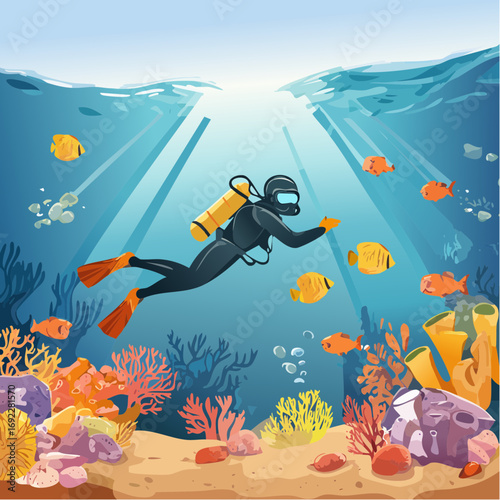 Diver Exploring Coral Reef Underwater Scene