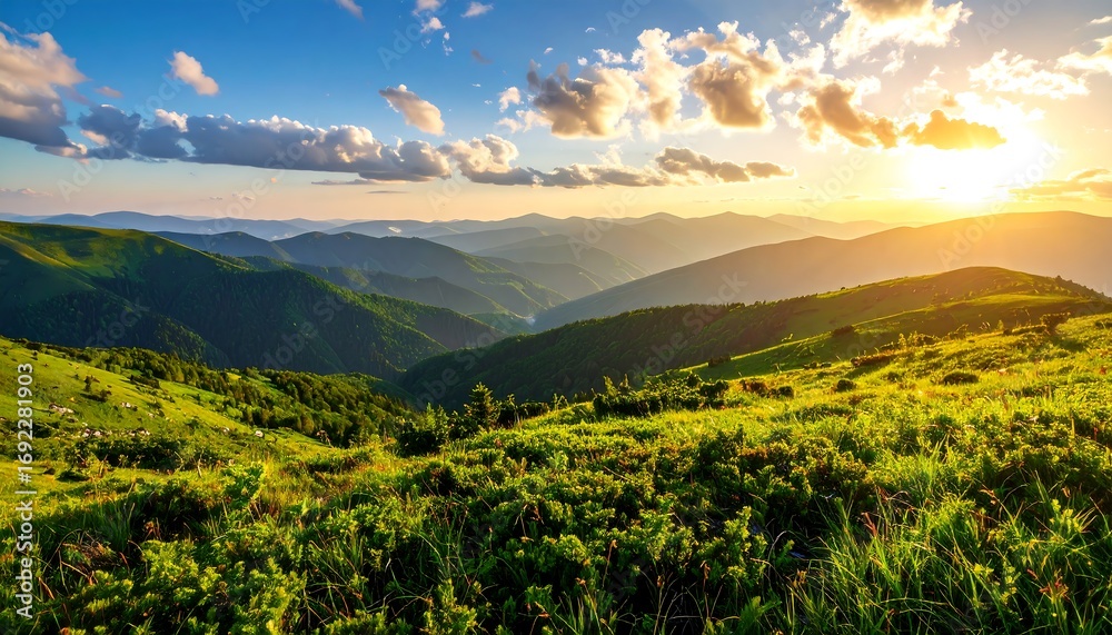Obraz premium Mountain vista at sunset. Lush green valley