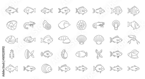 Vector Icons Set of Large collection of hand drawn fish and seafood line art icons. EPS Editable