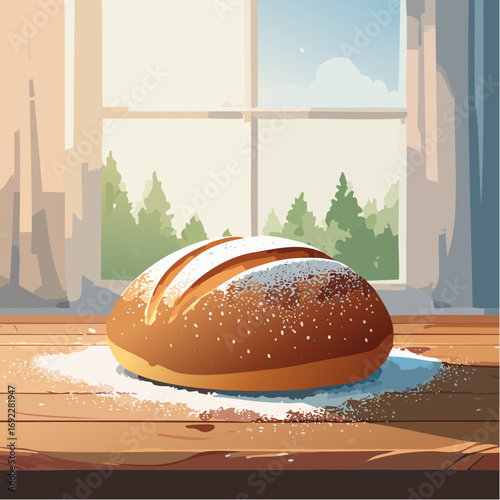 Rustic Loaf Of Bread On Wooden Table By Window
