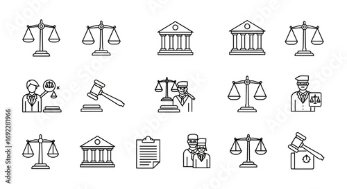 Vector Icons Set of Law and justice line icon set featuring scales courthouse and gavel symbols. EPS Editable