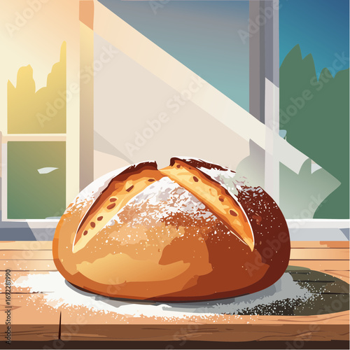 Rustic Loaf Of Bread On Wooden Table By Window