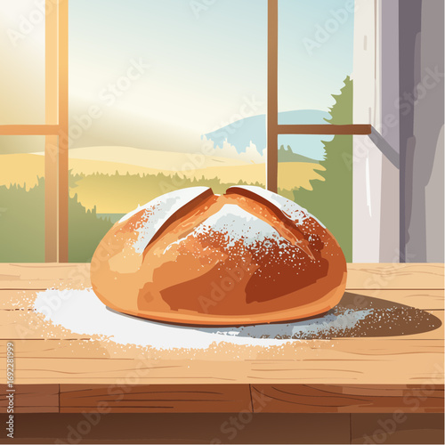 Loaf Of Bread On Wooden Table With Window View