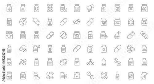 Vector Icons Set of Medical Pills and Vitamin Supplements Line Icon Set. EPS Editable