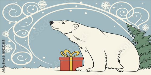 Christmas Polar Bear beside Gift Box