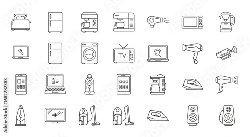 Vector Icons Set of hand drawn household appliances and electronic devices icons. EPS Editable