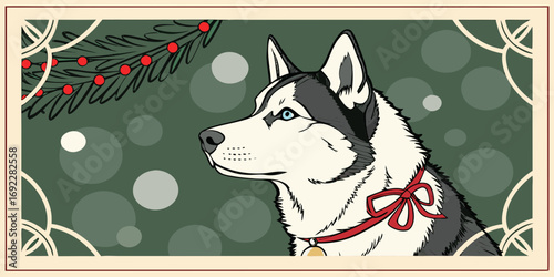 Christmas Siberian Husky with Bell Bow