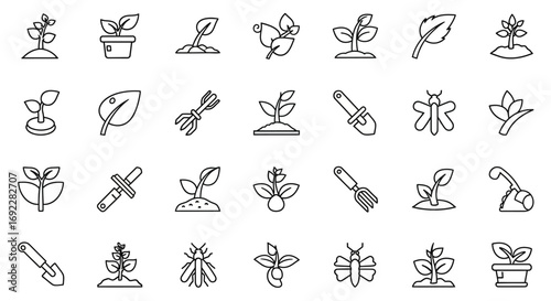 Vector Icons Set of Simple line art icons of seedlings plants and gardening tools. EPS Editable