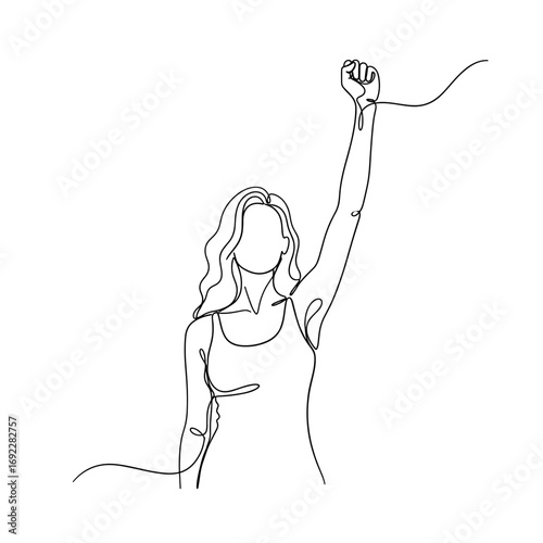 Young woman with a raised fist symbolizing strength, protest, and female empowerment