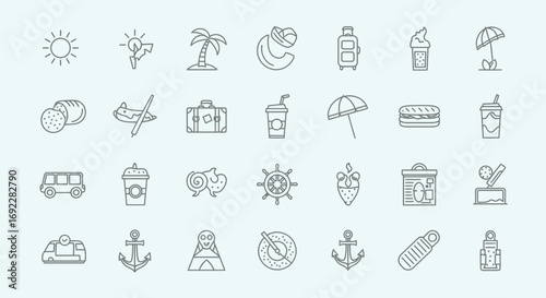 Vector Icons Set of Summer Vacation and Travel Themed Line Icon Set. EPS Editable