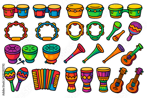 Colorful collection of musical instruments showcases diverse percussion and string types for festive gatherings or performances