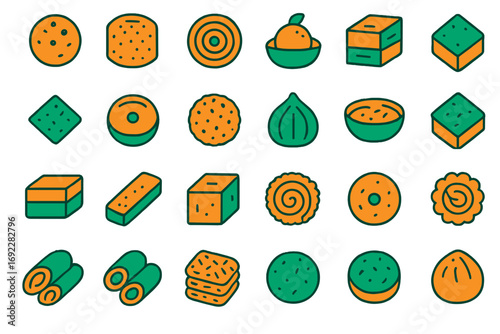 Colorful assortment of traditional sweets and snacks displayed in a grid format showcasing various shapes and textures