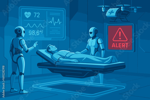Medical robots provide care to a patient in a futuristic hospital environment with advanced technology