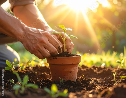 Wallpaper Mural Gardener planting seedling in fertile soil under warm golden sunlight for growth and a vibrant nature filled garden Torontodigital.ca