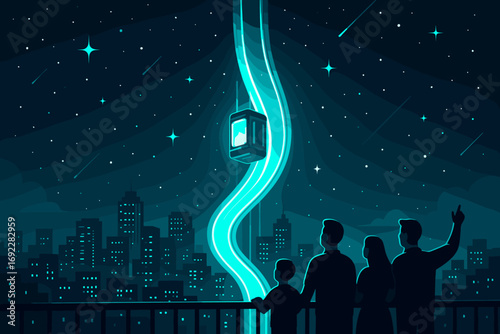 Visitors admire a futuristic light rail traveling through a neon skyline at night in a vibrant cityscape