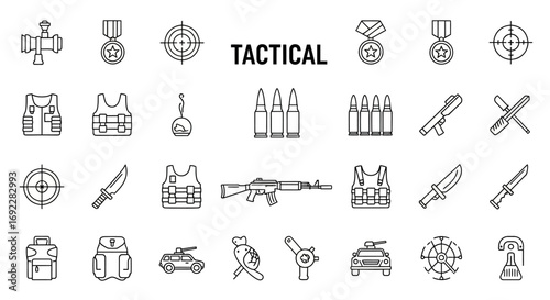 Vector Icons Set of Tactical Military Line Icon Set with Weapons and Army Equipment. EPS Editable