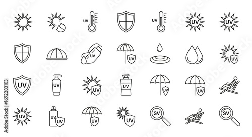 Vector Icons Set of UV Sun Protection and Summer Safety Line Icon Set. EPS Editable