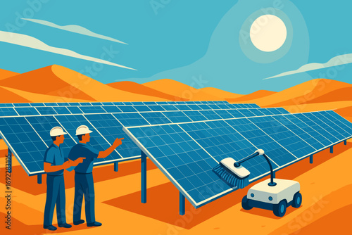 Solar panel maintenance in a desert area with workers and automated cleaning equipment