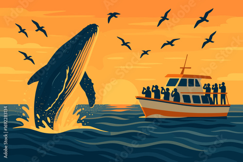 Humpback whale breaching at sunset near a boat with enthusiastic onlookers enjoying wildlife