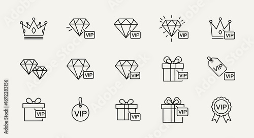 Vector Icons Set of VIP Line Icon Set Featuring Crown Diamond and Gift Symbols. EPS Editable