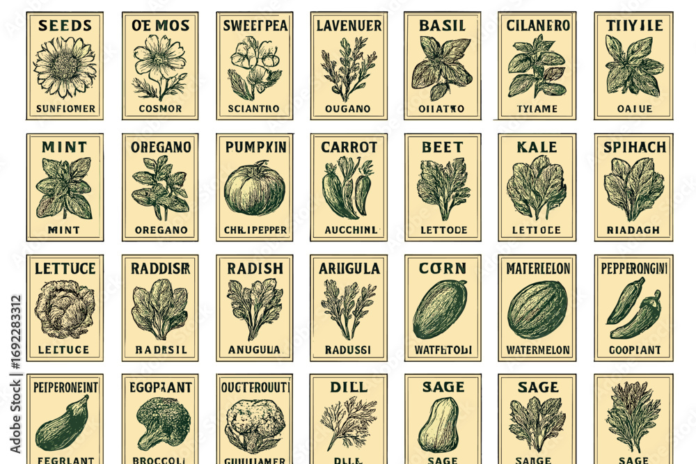 custom made wallpaper toronto digitalGardening seed packet designs featuring various herbs and vegetables in a vintage style