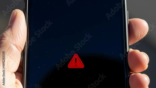 Woman’s hand responding to a scam call notification on a smartphone screen, displaying a warning sign for financial fraud footage.